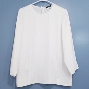 Longchamp White Crew Neck Blouse Cuff Slit Minimalist